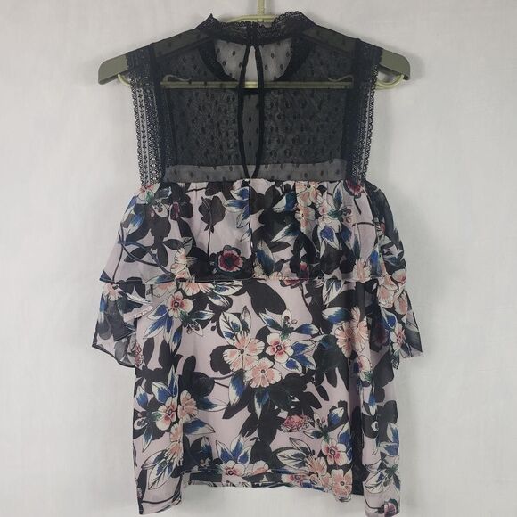 Guess Blouse Womens XL Pink Floral Sheer Mesh Ruffle Overlay Keyhole Lace Top - Picture 6 of 13